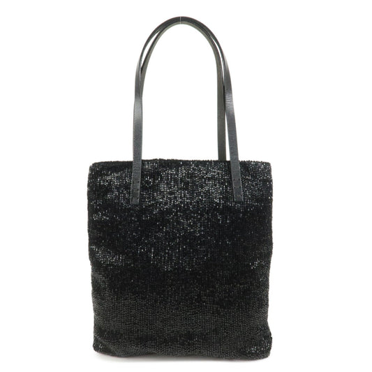Tote Bag Beads Hand Bag Leather Black Logo