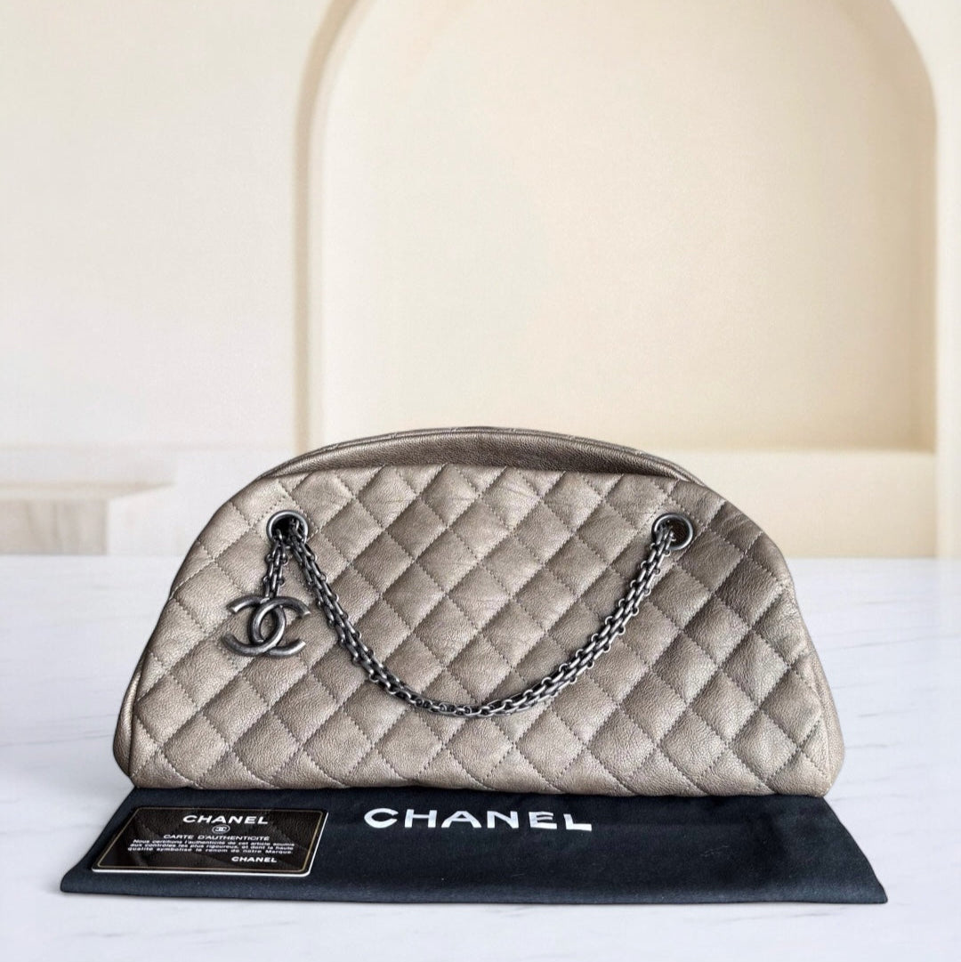 Chanel Mademoiselle Bowling Bag - Quilted Grained Calfskin Caviar Metallic Silver Hardware Series 14
