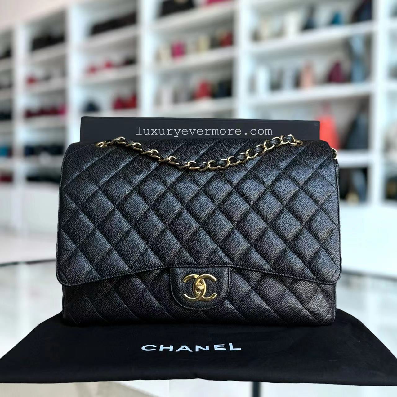 Chanel Maxi Classic Flap Bag Caviar 33CM Golden Quilted Black Handbag