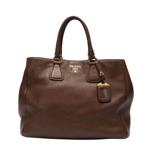 Prada Daino Shopper Tote Leather Vitello Brown Tote Bag