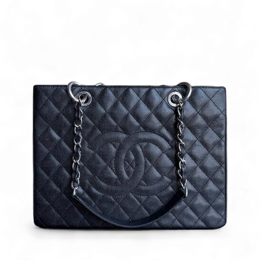 Chanel GST Grand Shopping Tote - Caviar Quilted Grained Calfskin Black Silver Hardware