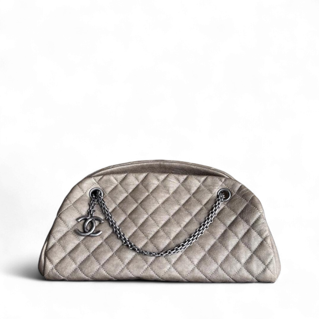 Chanel Mademoiselle Bowling Bag - Grained Calfskin Caviar Quilted Silver Handbag