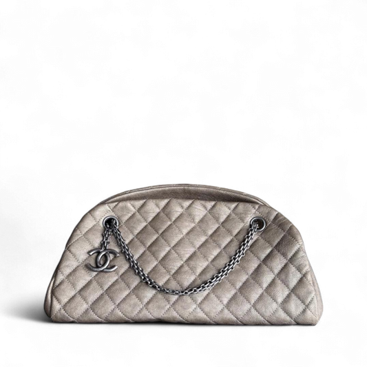 Chanel Mademoiselle Bowling Bag - Grained Calfskin Caviar Quilted Silver Handbag