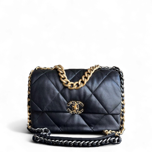 Chanel 19 Bag Medium - Goatskin Two-Tone Hardware Quilted Black Handbag Microchip Medium