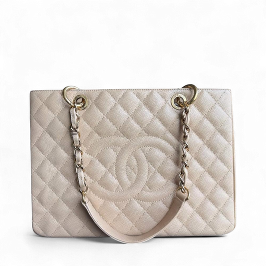 Chanel GST Grand Shopping Tote - Caviar Grained Beige Gold Tote Bag