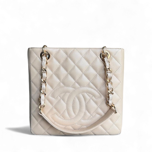 Chanel PST Petite Shopping Tote - Caviar Quilted Grained Calfskin Beige Gold Hardware Series 15