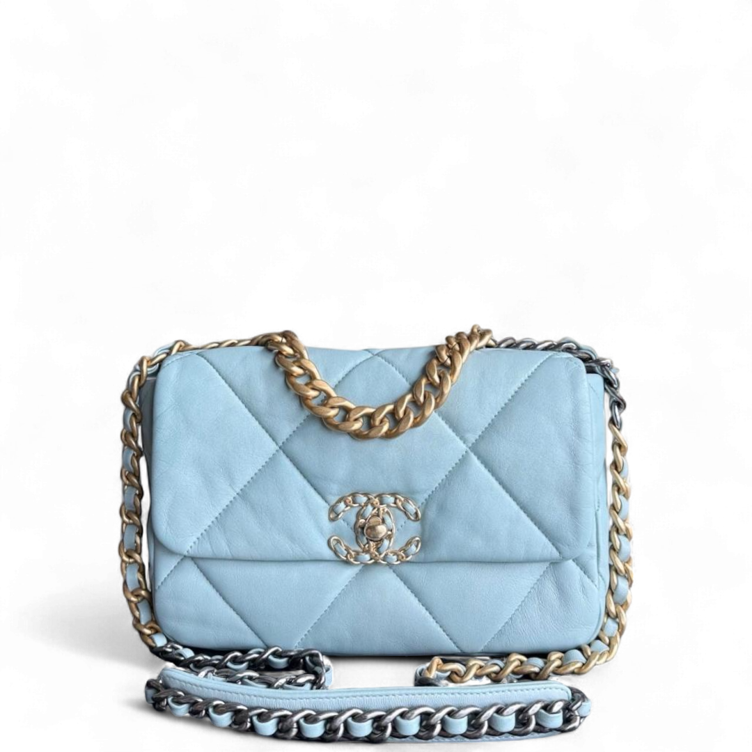 Chanel 19 Bag Small - Goatskin Light Two-tone Quilted Blue Handbag