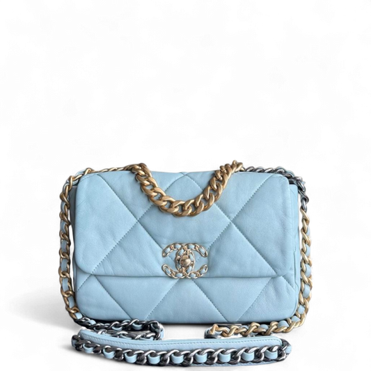 Chanel 19 Bag Small - Goatskin Light Two-tone Quilted Blue Handbag