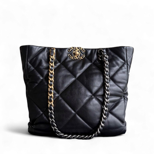 Chanel 19 Shopping Bag - Quilted Goatskin Black Gold Hardware Microchip