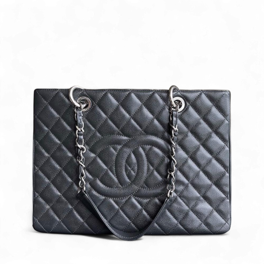 Chanel GST Grand Shopping Tote - Caviar Grained Quilted Silver Tote Bag