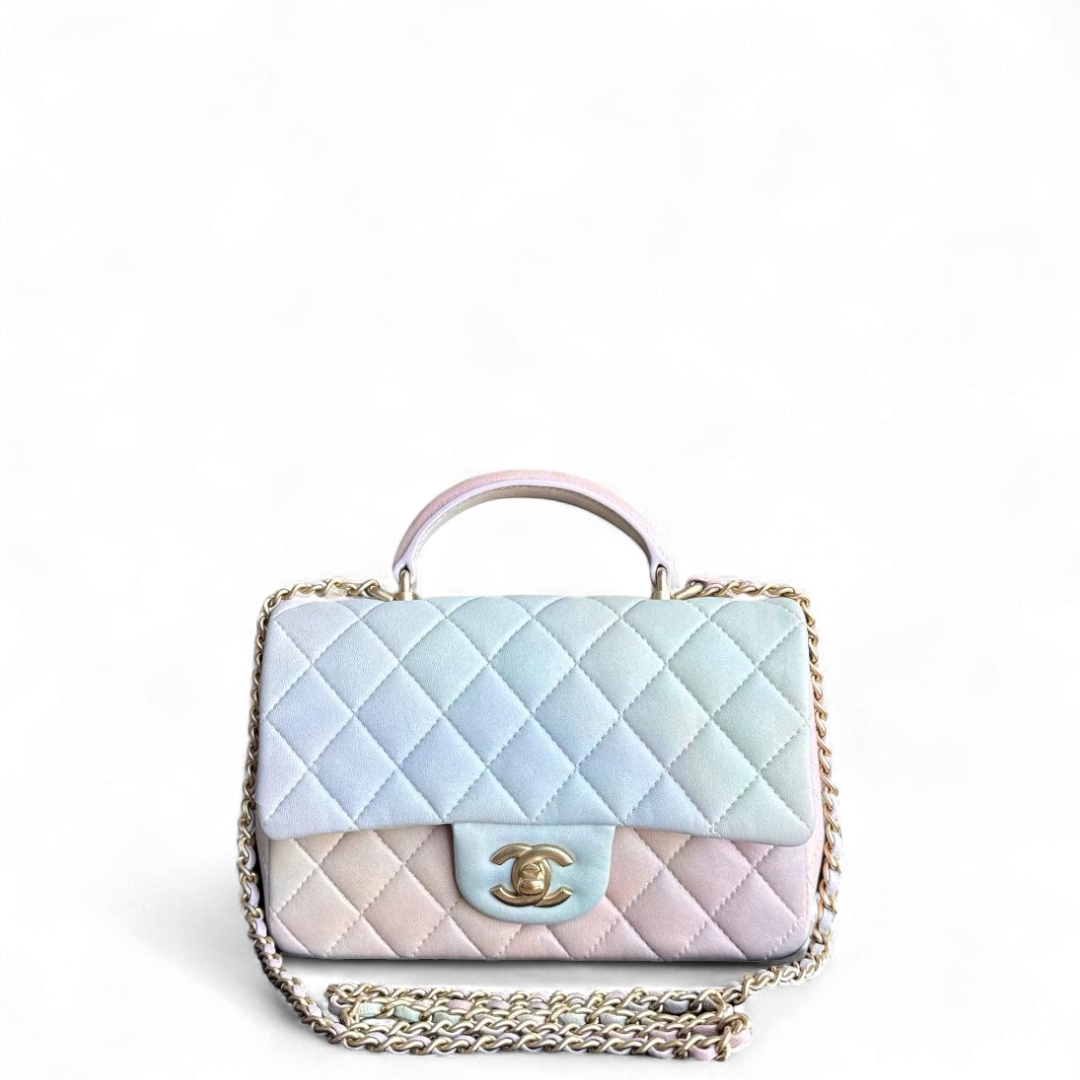 Chanel Classic Flap Top Handle - Lambskin Ombre Quilted Gold Mini Bag
