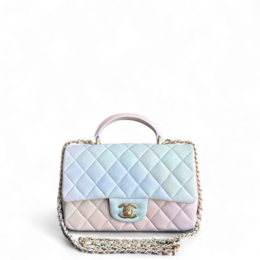 Chanel Classic Flap Mini Top Handle -Quilted Lambskin Ombre Rainbow Gold Hardware Microchip