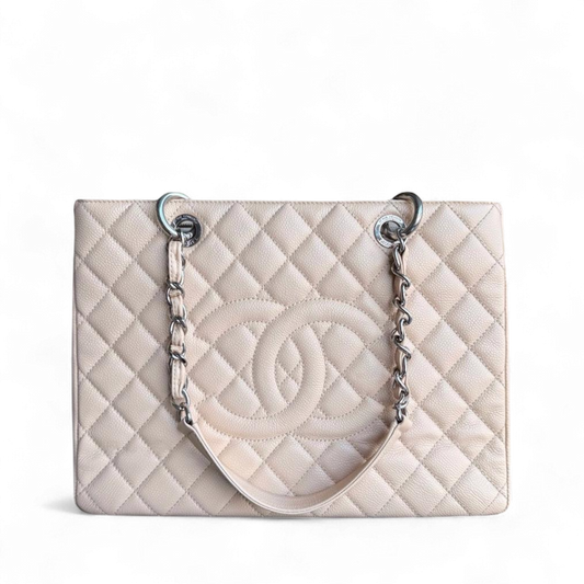 Chanel GST Grand Shopping Tote - Caviar Grained Quilted Beige Tote Bag