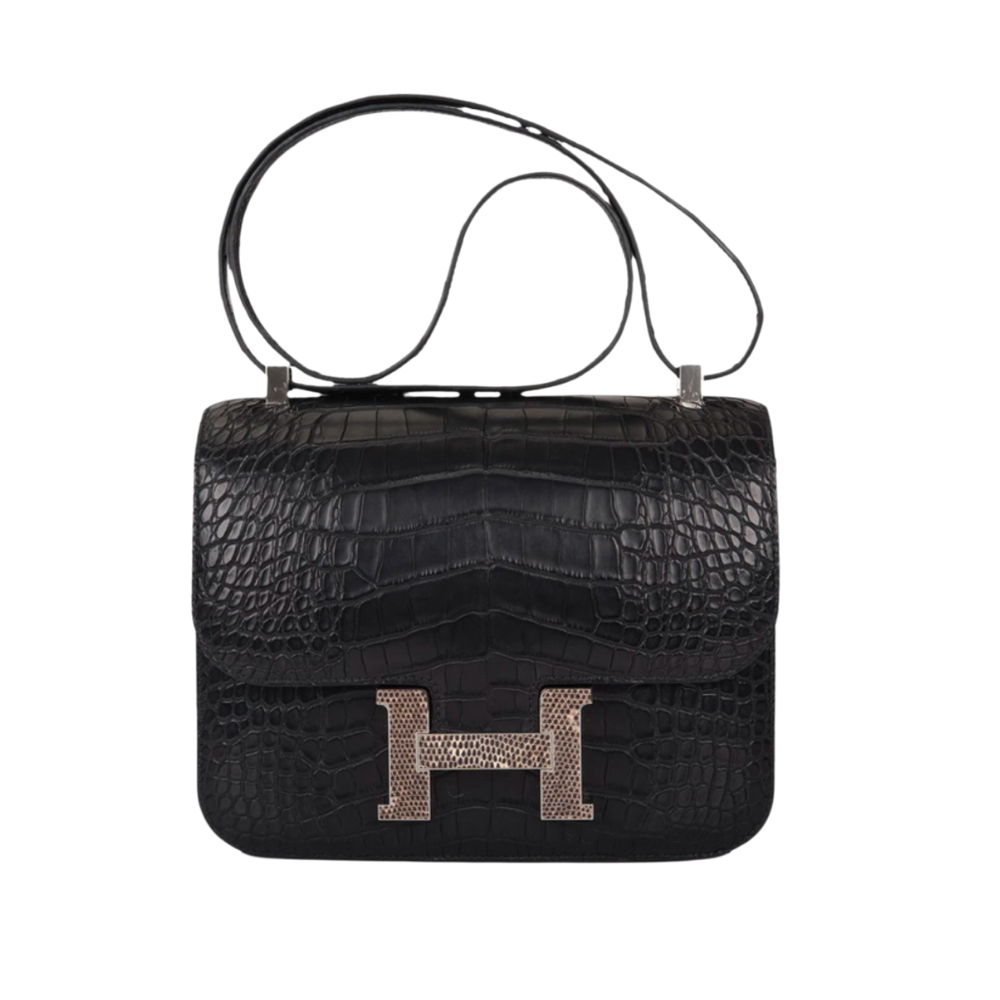 Gucci Hermes Constance Matte Alligator Ombre Lizard Marquette Black Travel Bag