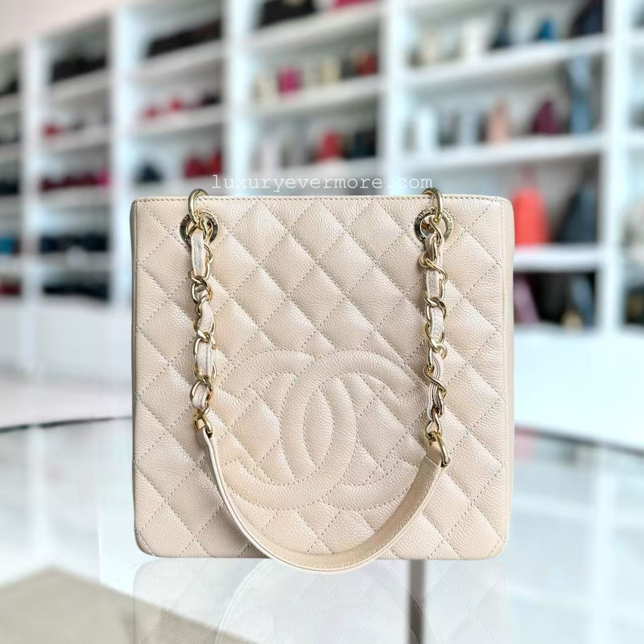 Chanel PST Petite Shopping Tote - Caviar Hardware Quilted Beige Tote Bag