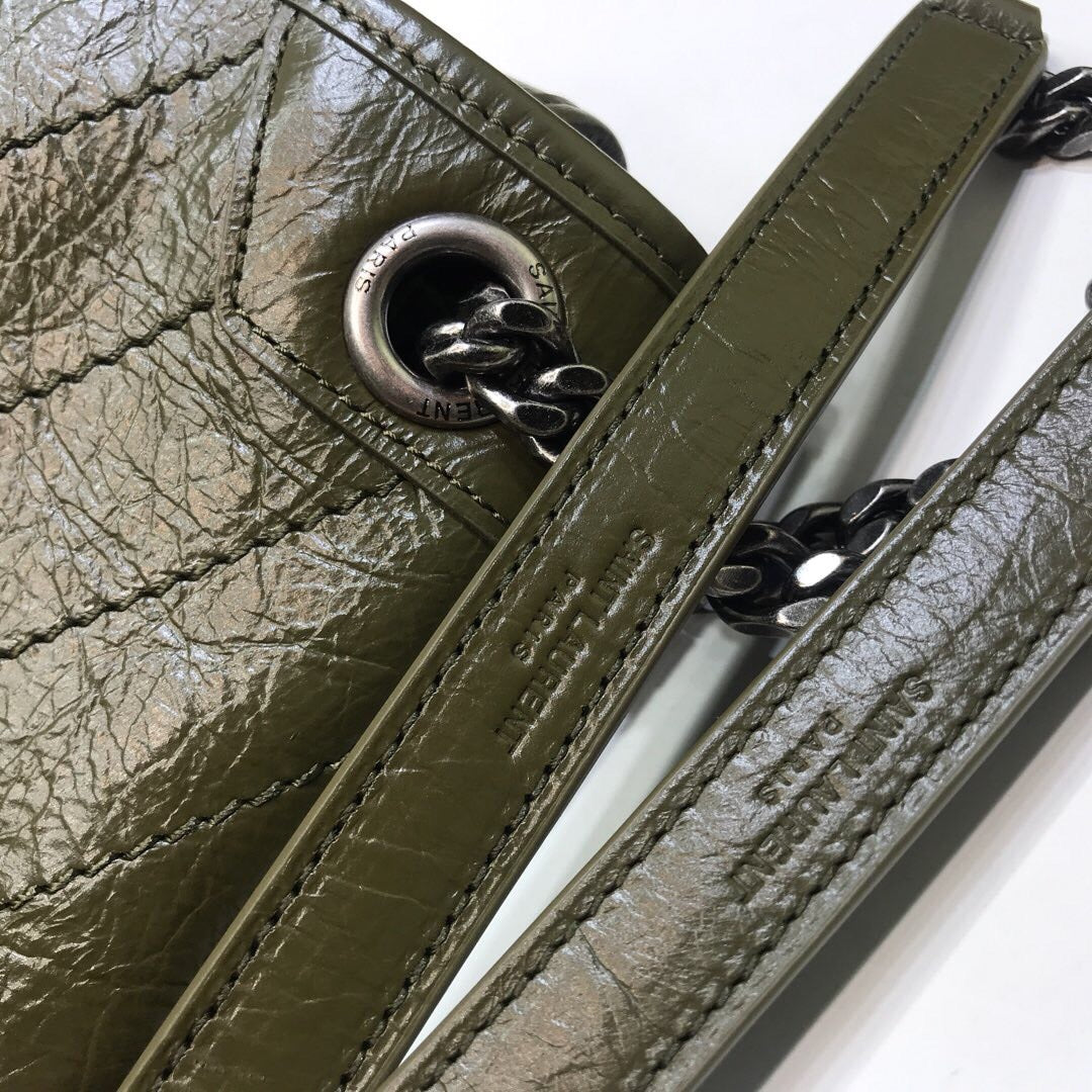 YSL Saint Laurent Niki Crinkled 11in 28cm Green Medium Chain Handbag