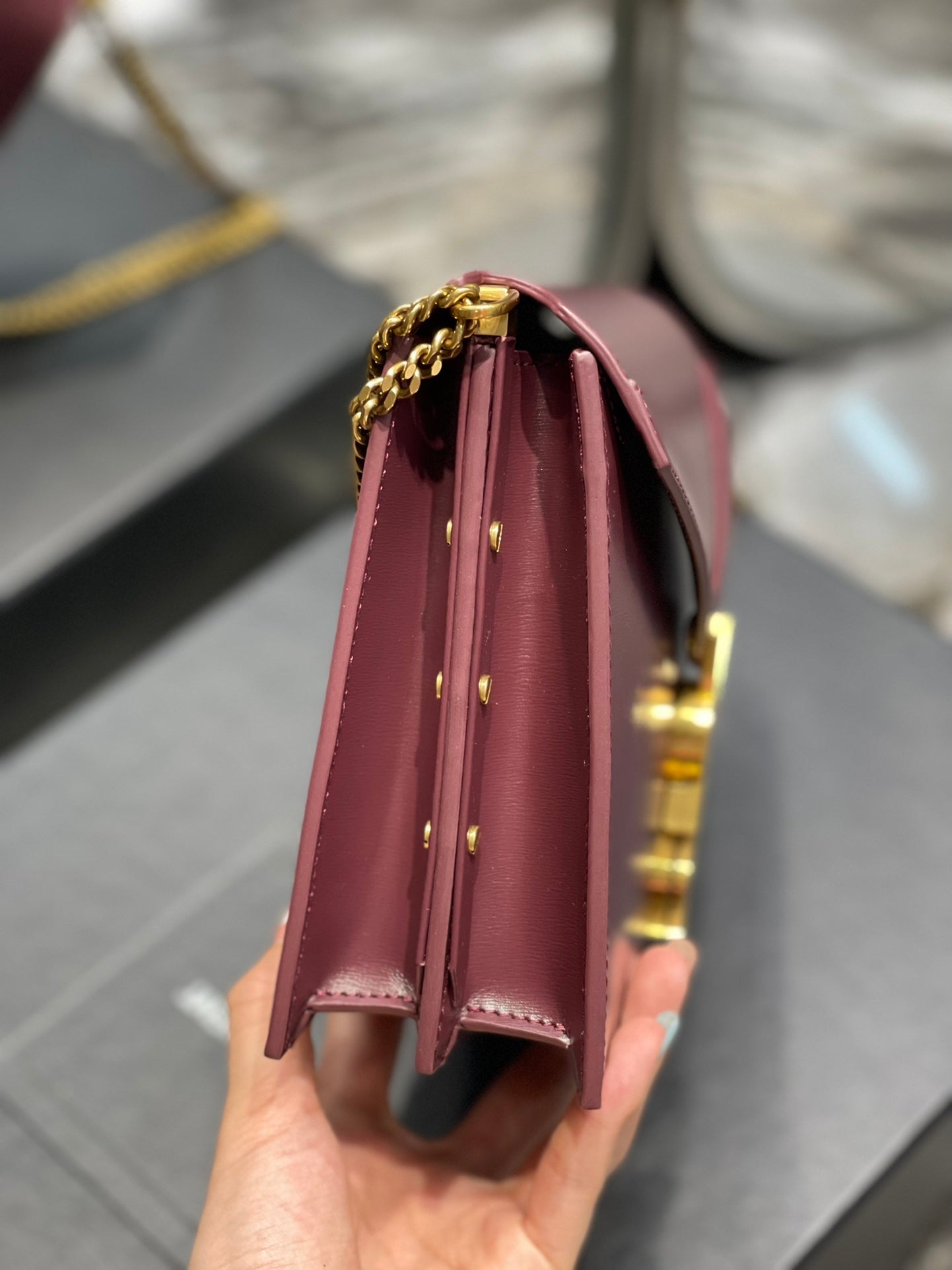 YSL Saint Laurent Cassandra Rouge Opyum Embossed 8in Grain De Poudre Medium Chain Handbag