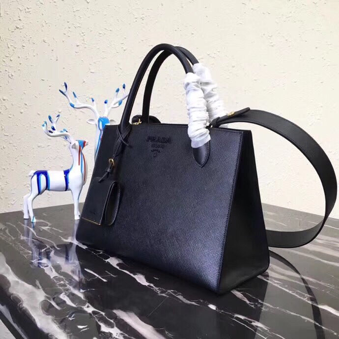 Prada Monochrome Bag In Leather Saffiano Black Travel Bag