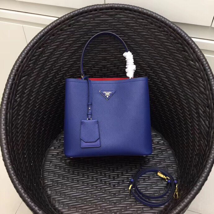 Prada Double Bag Leather Saffiano Blue Travel Bag