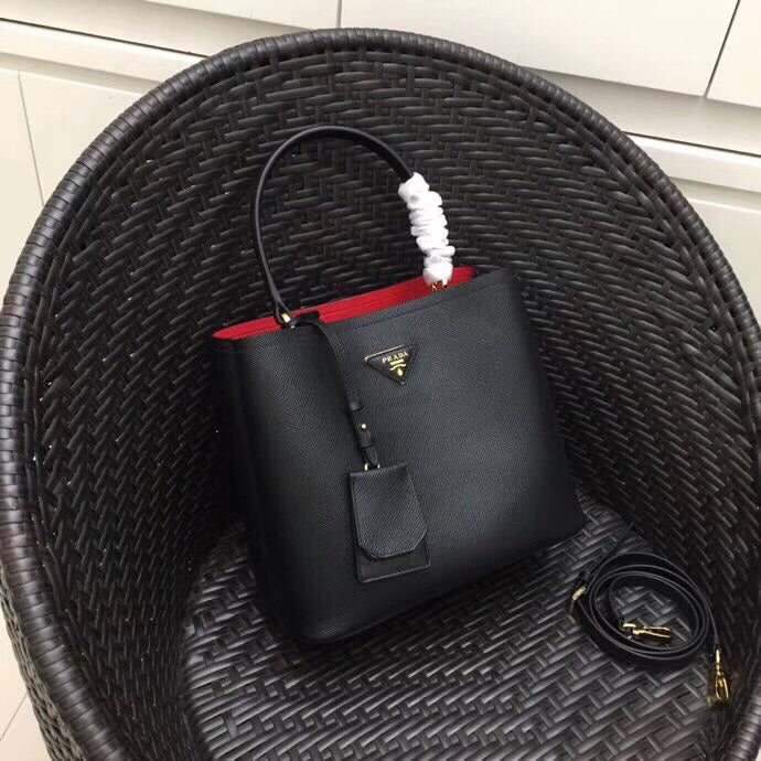 Prada Double Bag Leather Saffiano Black Travel Bag