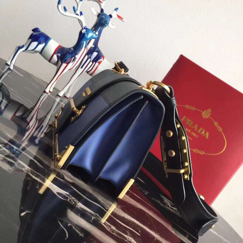 Prada Cahier Shoulder Bag In Leather Black Blue
