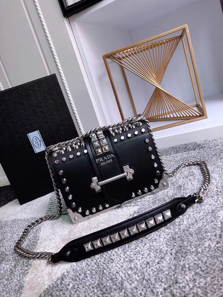 Prada Cahier Studded Shoulder Bag Leather