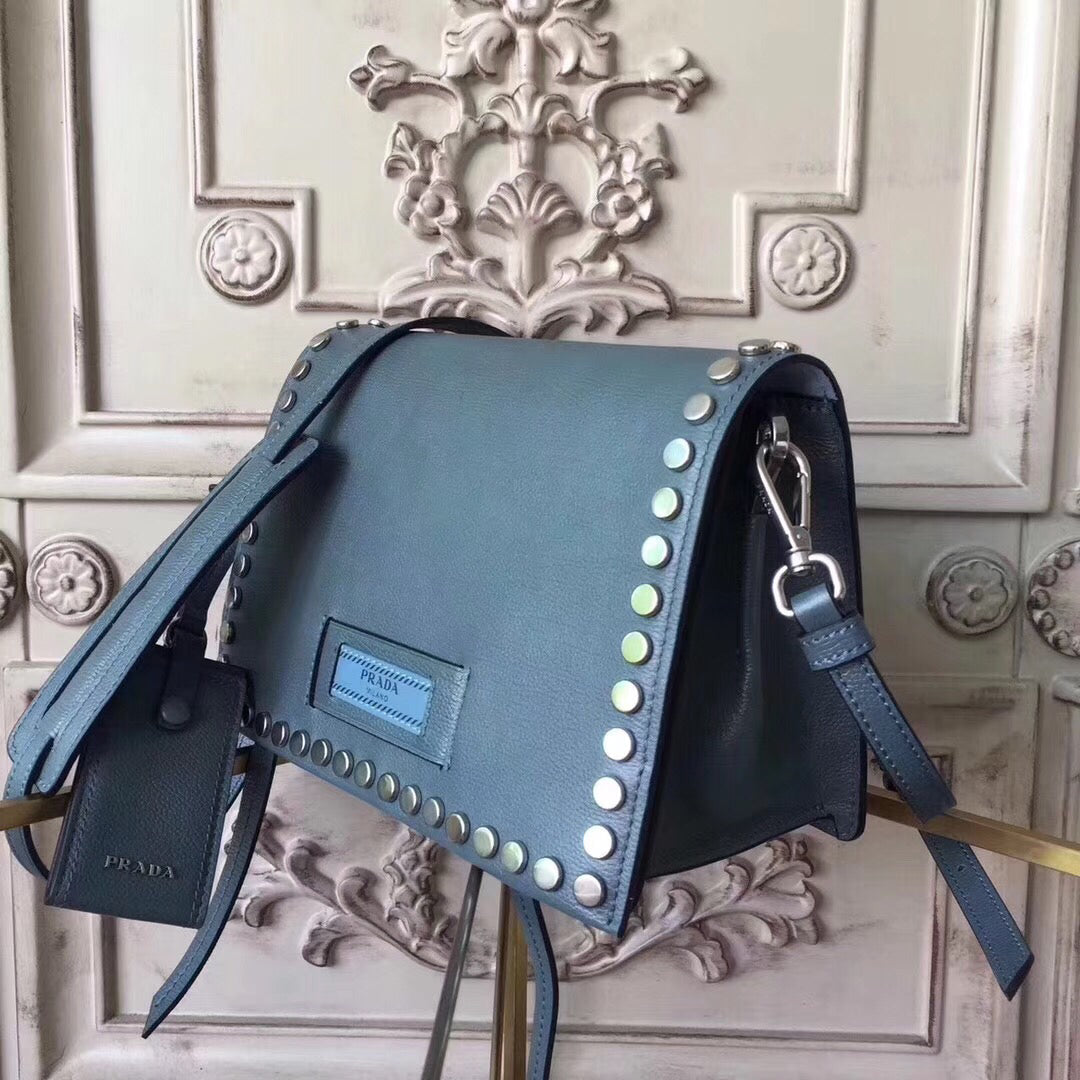 Prada Etiquette Bag In Calfskin With Stud Trim Metal Blue Travel Bag