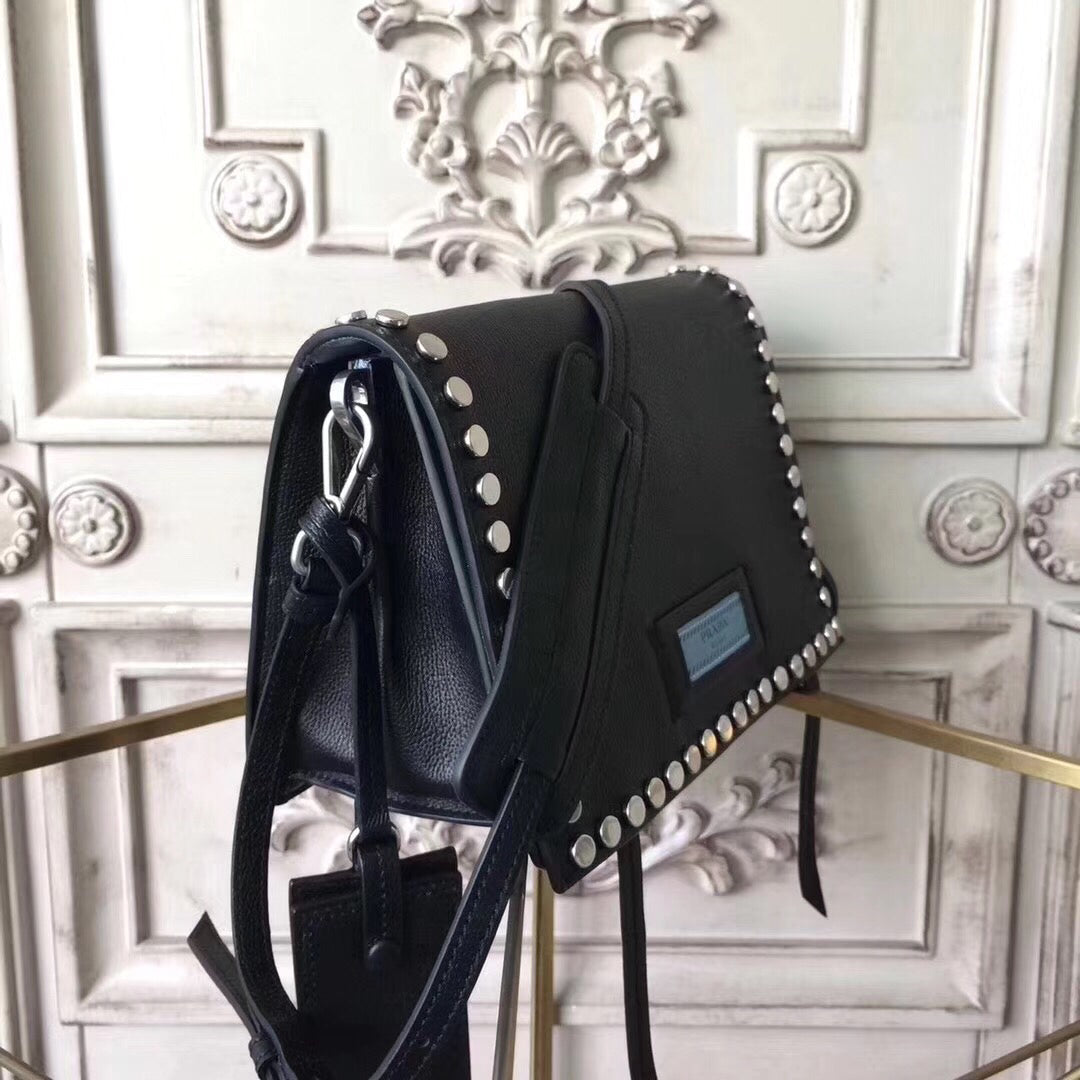 Prada Etiquette Bag In Calfskin With Stud Trim Metal Black Travel Bag