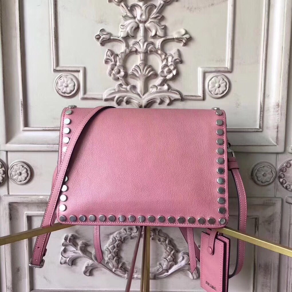 Prada Etiquette Bag In Calfskin With Stud Trim Metal Pink Travel Bag