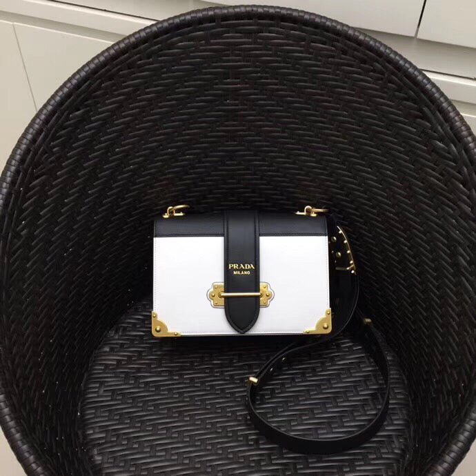 Prada Cahier Bag In Leather Black White Travel Bag