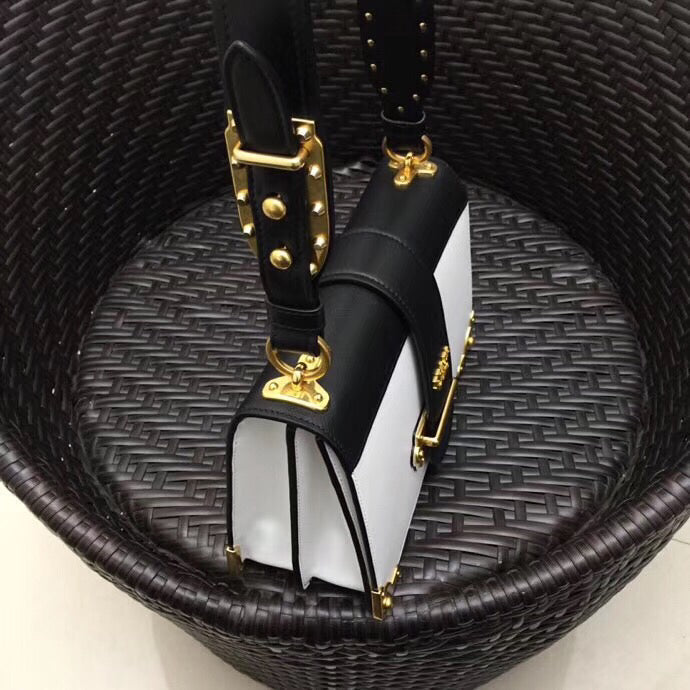 Prada Cahier Bag In Leather Black White Travel Bag