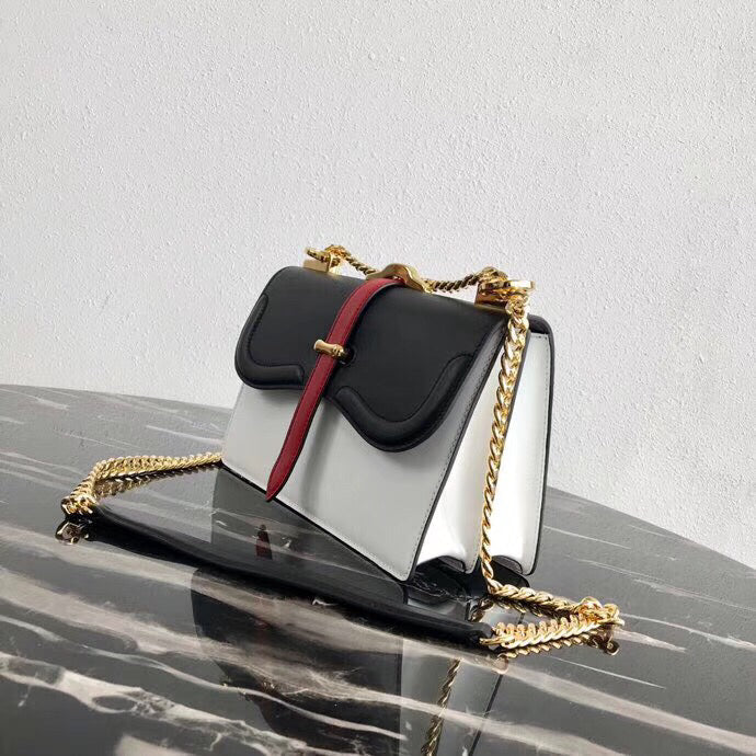 Prada Belle Shoulder Bag In Calf Leather Black White Calf Leather