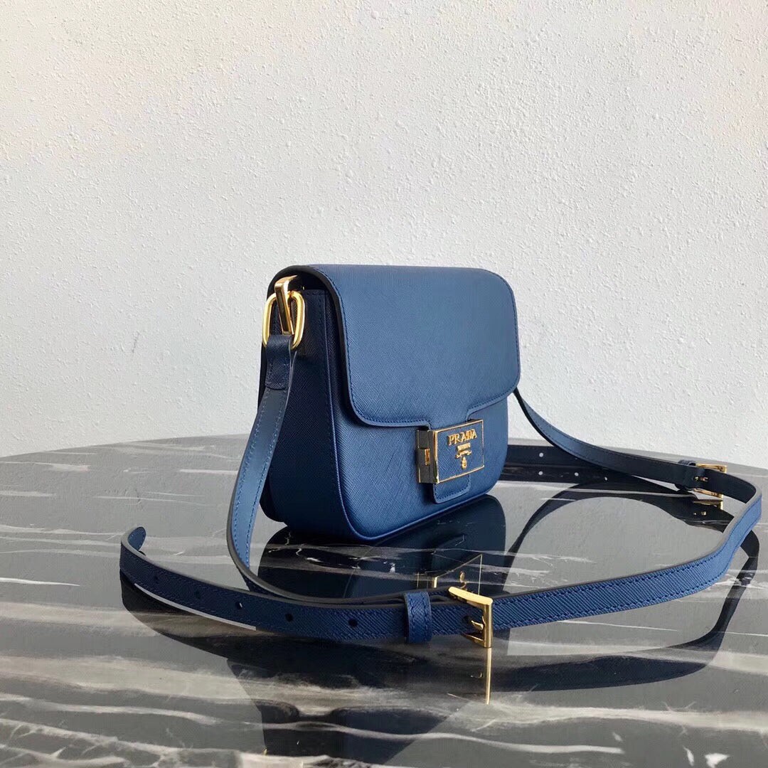Prada Embleme Bag In Leather Saffiano Blue Travel Bag