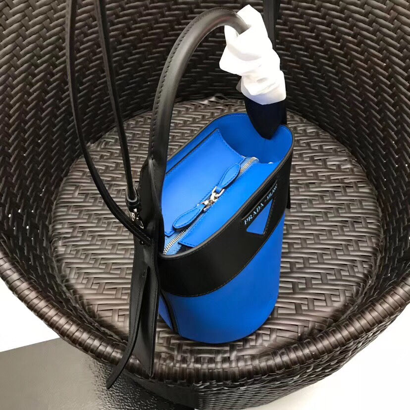 Prada Ouverture Bag Leather Black Blue Bucket Bag