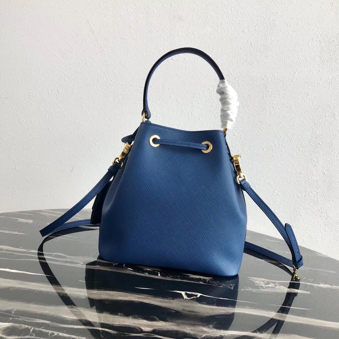 Prada Bag In Leather Saffiano Blue Bucket Bag