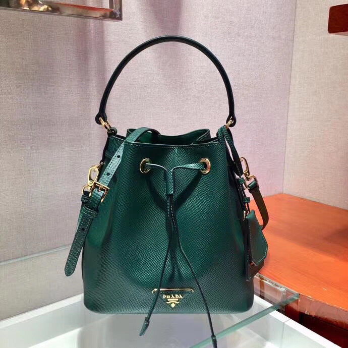 Prada Bag In Leather Saffiano Green Bucket Bag