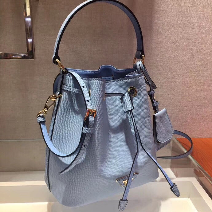 Prada Bag In Light Leather Saffiano Blue Bucket Bag