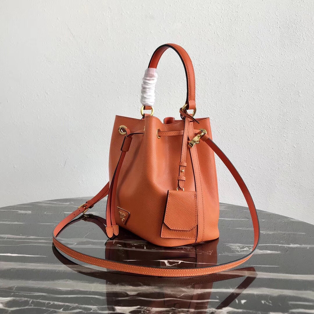 Prada Bag In Leather Saffiano Orange Bucket Bag