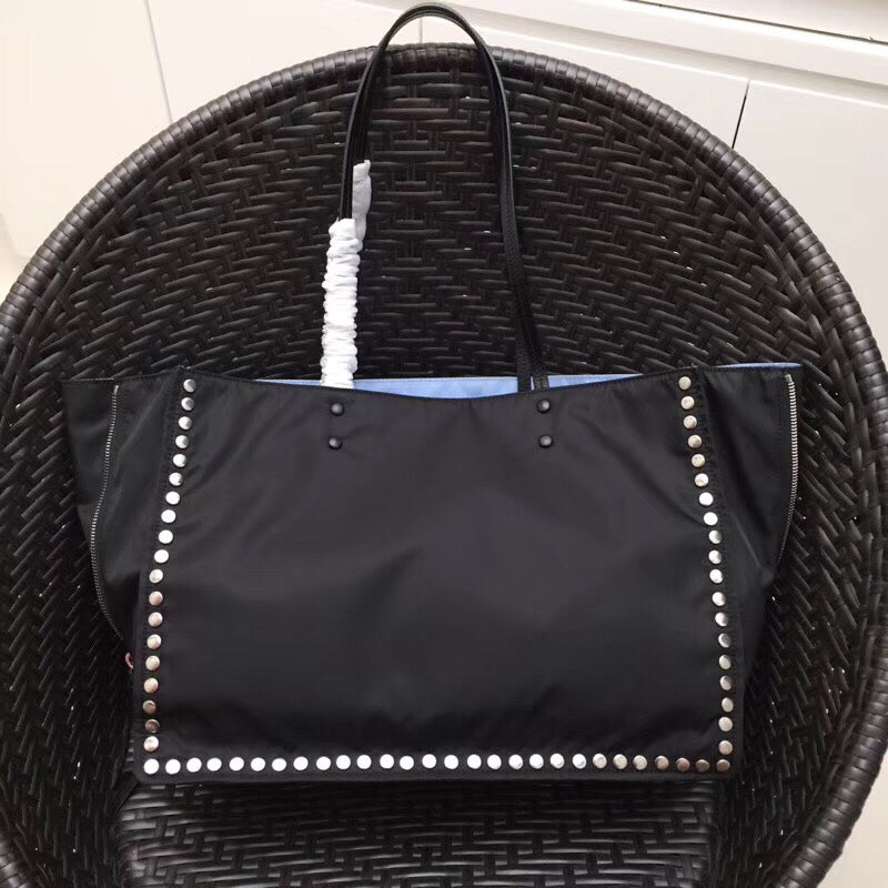 Prada Etiquette Fabric Tote With Stud Trim Metal Black Tote Bag