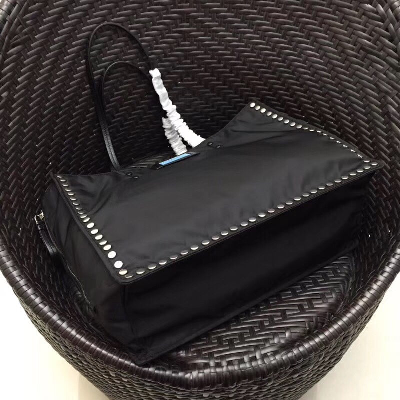 Prada Etiquette Fabric Tote With Stud Trim Metal Black Tote Bag