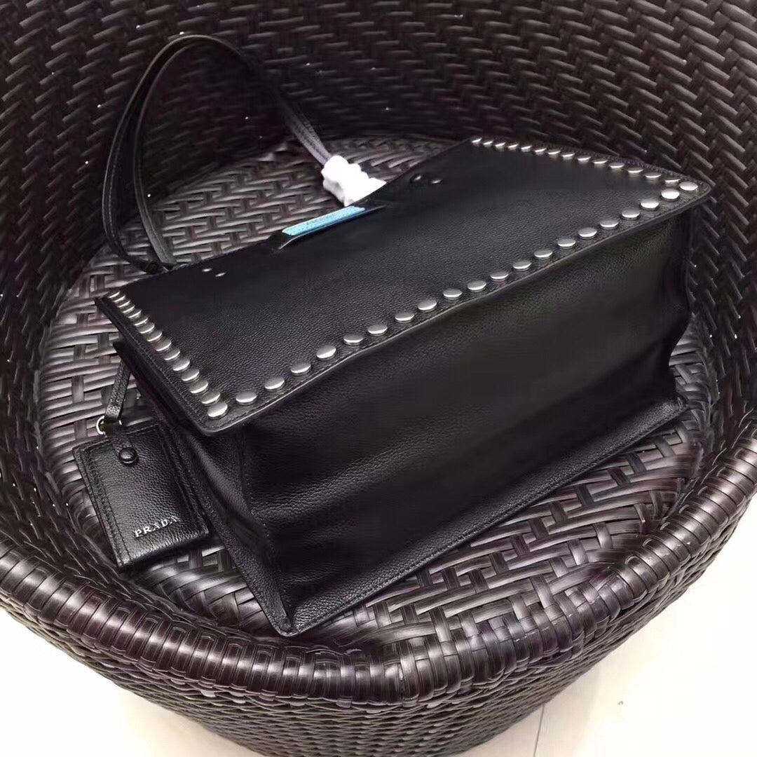 Prada Etiquette Calfskin Tote With Stud Trim Metal Black Tote Bag