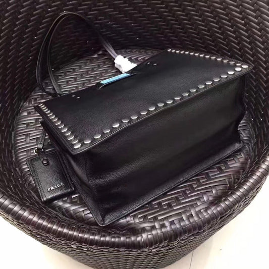 Prada Etiquette Calfskin Tote With Stud Trim Metal Black Tote Bag