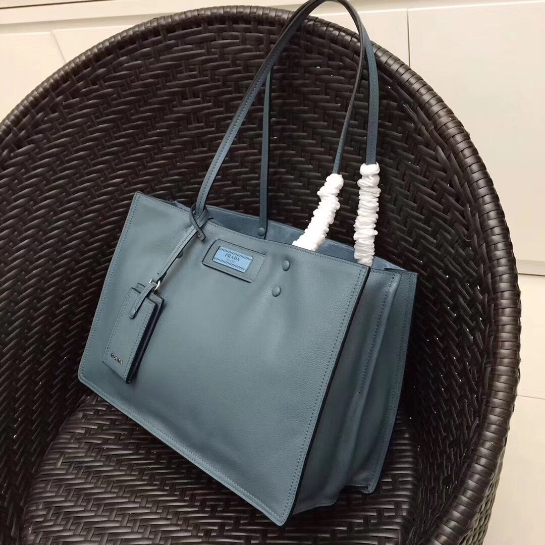 Prada Etiquette Tote Bag In Calf Leather Blue