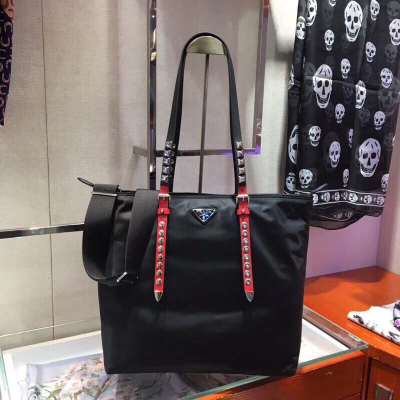 Prada Tote Bag With Studded Handles Nylon Black