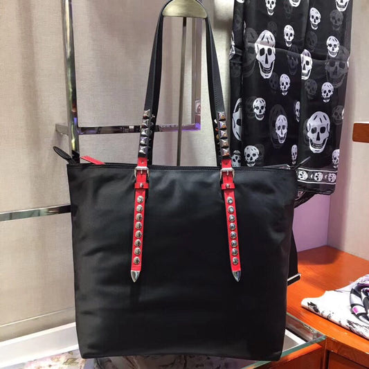 Prada Tote Bag With Studded Handles Nylon Black