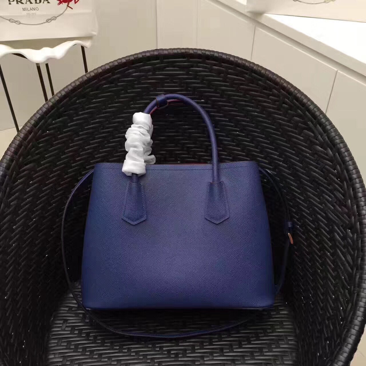 Prada Double Bag Saffiano Blue Medium Travel Bag
