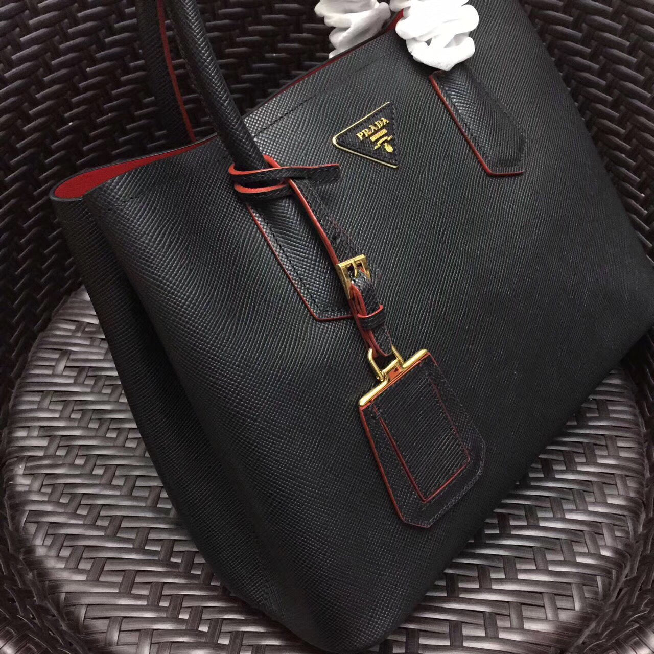 Prada Double Bag Saffiano Black Medium Travel Bag