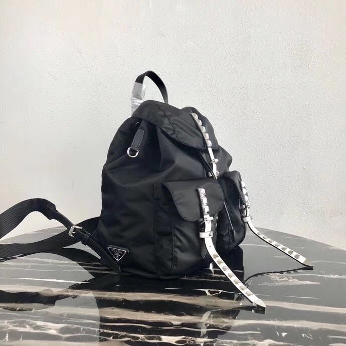 Prada Backpack With Studs Nylon Metal Black White Metal Studs