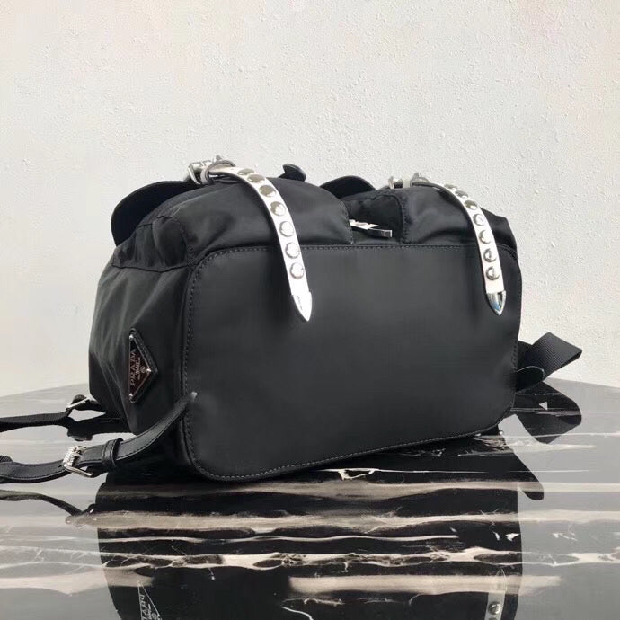 Prada Backpack With Studs Nylon Metal Black White Metal Studs