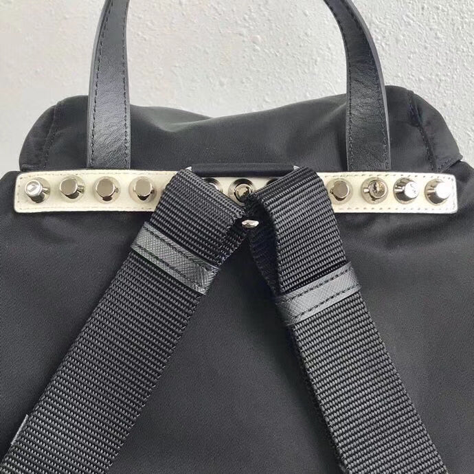 Prada Backpack With Studs Nylon Metal Black White Metal Studs